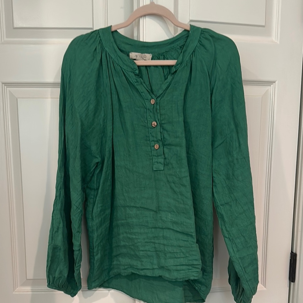 Green Long Sleeve Blouse with Mandarin Collar